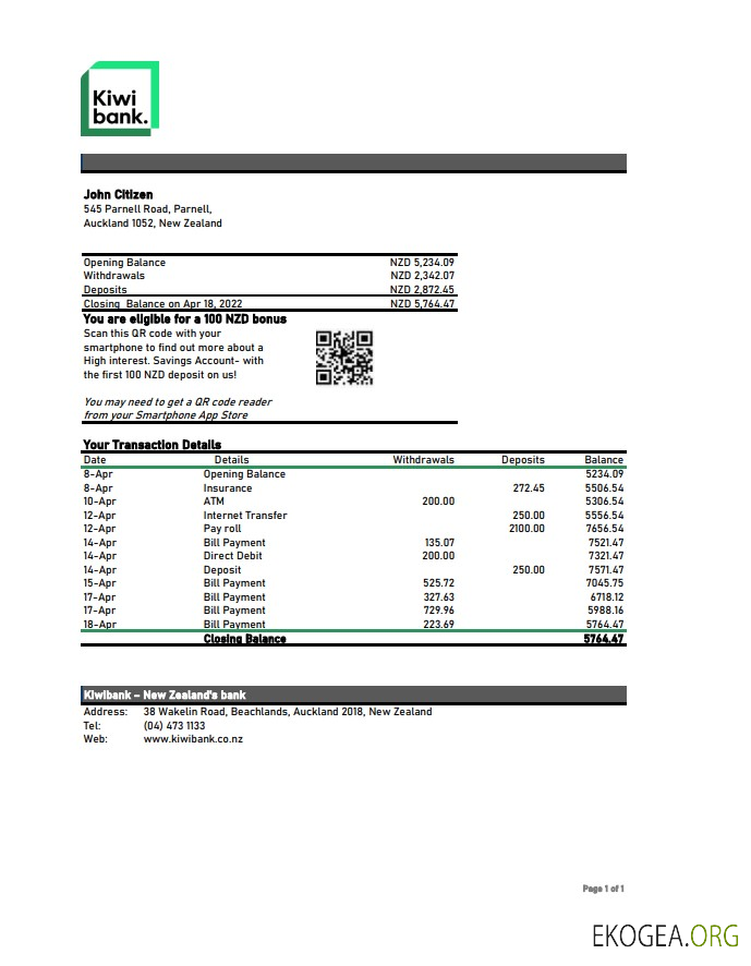 Relevé de la Kiwibank de Nouvelle Zélande xls